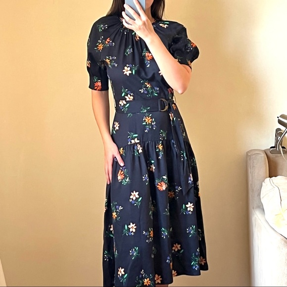 NWOT Shoshanna floral navy blue belted midi dress size 4 C1 - Picture 2 of 5